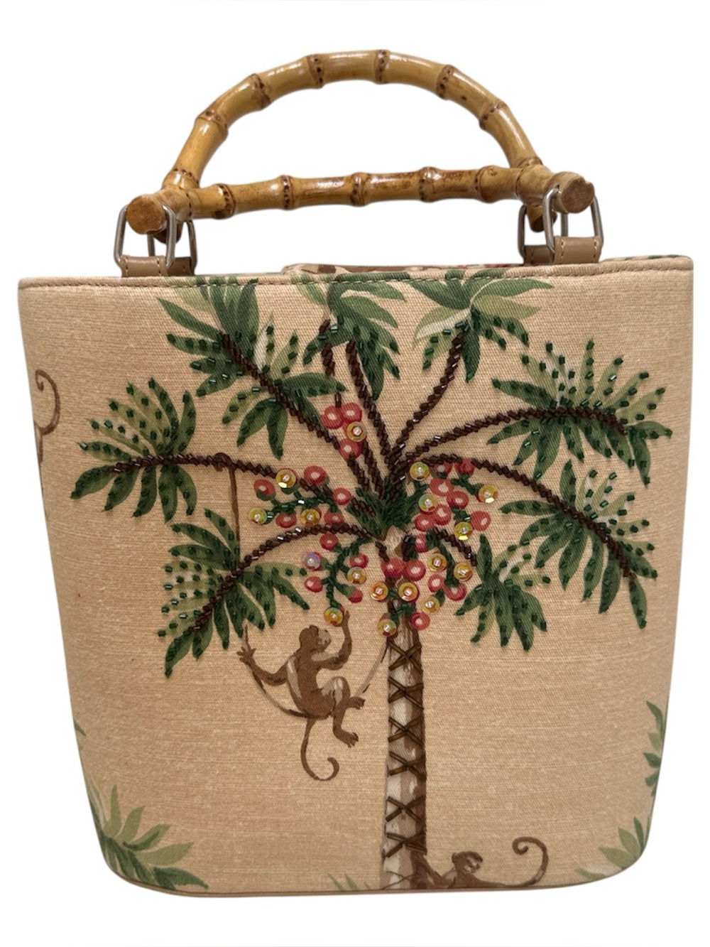 Printed Beaded Palm Tree Satchel with Bamboo Handle NWOT